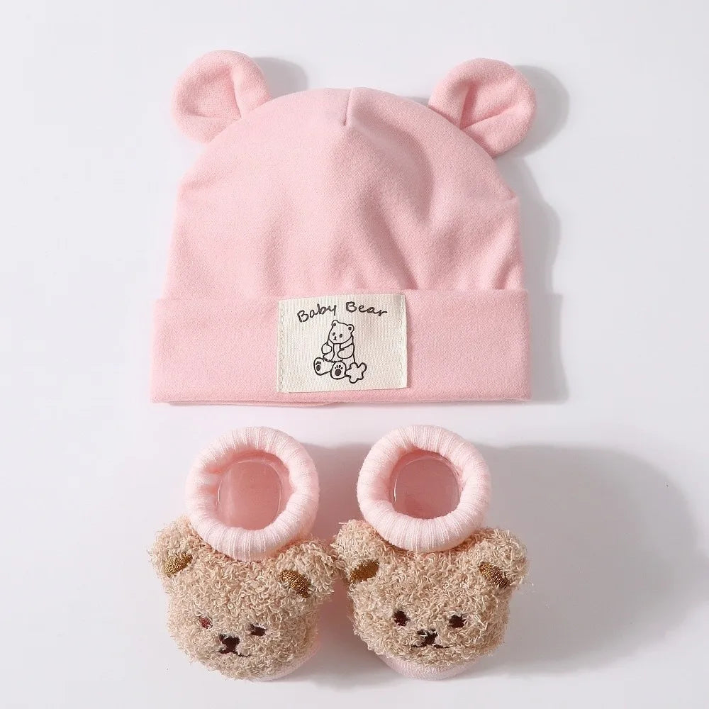 Newborn Bear Ear Beanie & Socks Set – Soft Cotton 2-Piece Baby Hat & Socks Set SWANS Light pink
