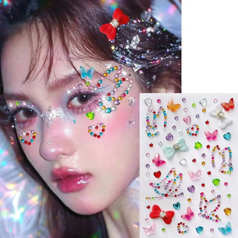 3D Rhinestone Face Jewel Stickers – Glitter Gems & Bow Sheet Face Jewel Stickers SWANS A6