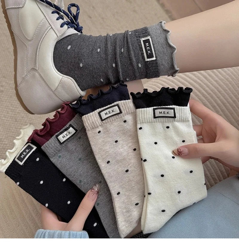 Women's Frilly Dot Cotton Socks – Soft Breathable Preppy Style Women's Fashion Socks SWANS
