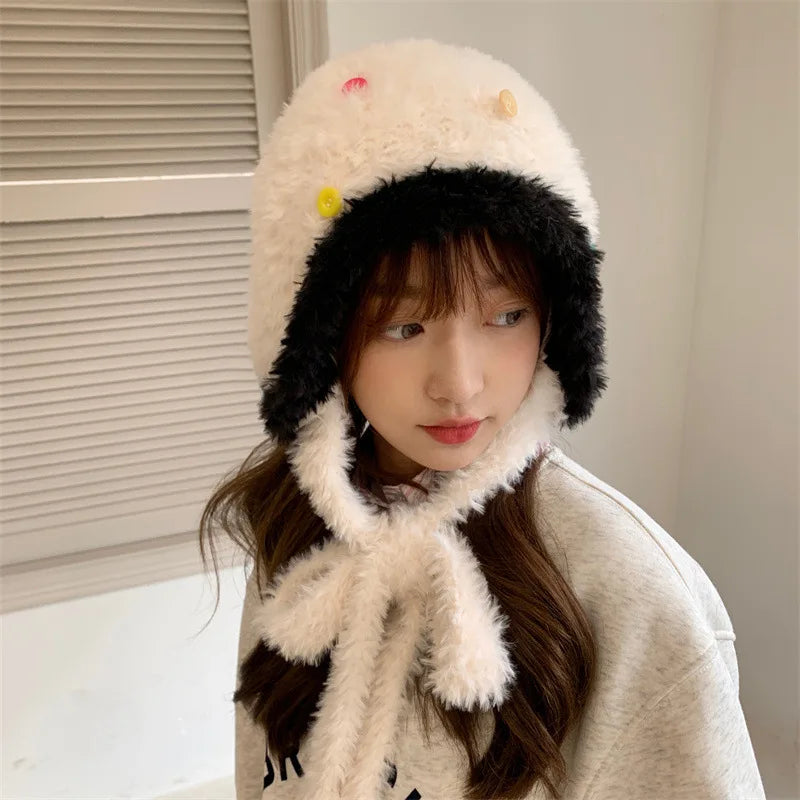 Women's Winter Plush Ear Flap Beanie – Faux Fur Knit Cap Winter Beanie Hat SWANS white One Size