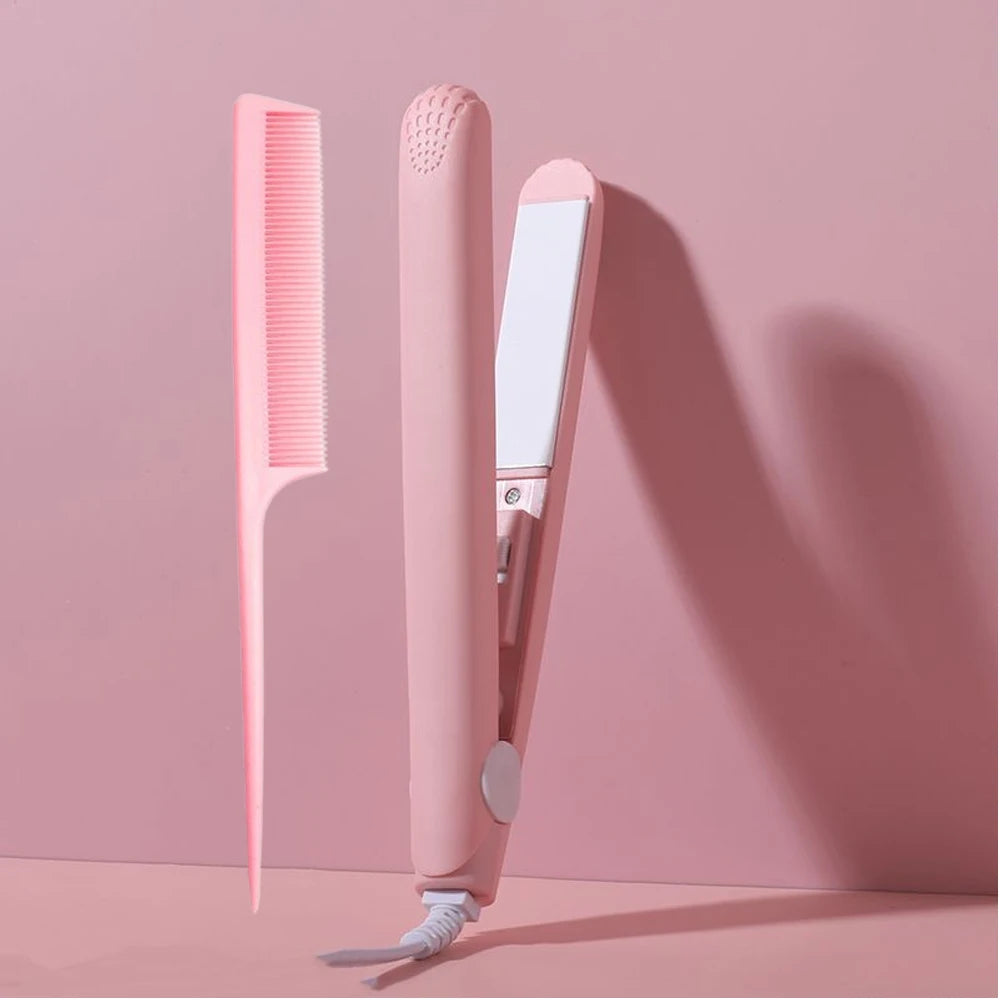 YIBER Mini Ceramic Flat Iron – 2-in-1 Hair Straightener & Curler Ceramic Flat Iron SWANS 2PCS Pink Set UK