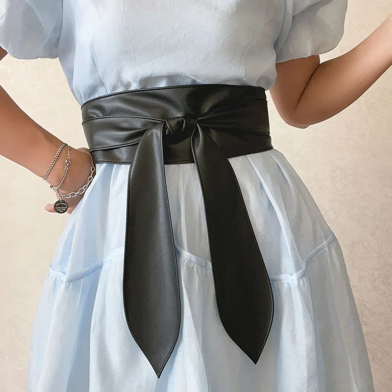 Women's Wide Faux Leather Knot Tie Belt – No-Hole Waistband Women's Fashion Belt SWANS