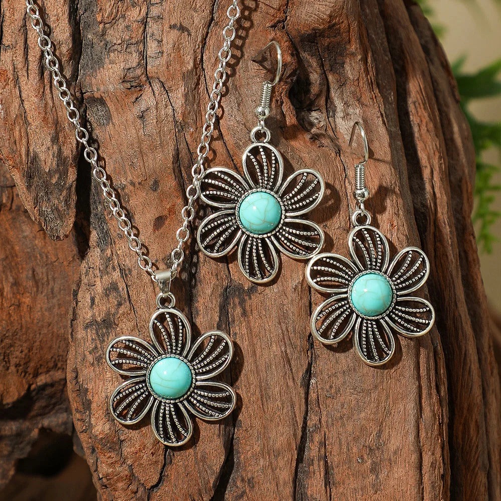 Vintage Turquoise Earrings & Necklace Set – Bohemian Jewelry Jewelry Set SWANS Style 3