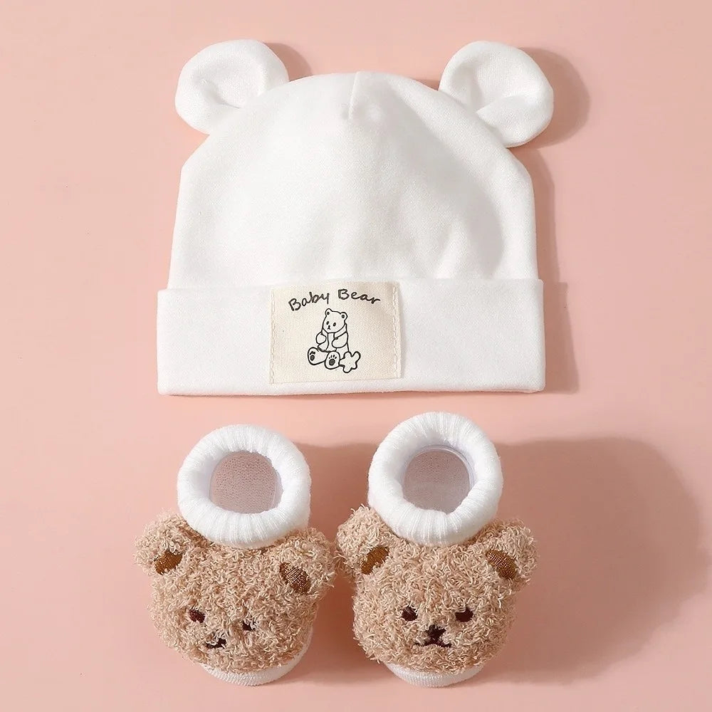 Newborn Bear Ear Beanie & Socks Set – Soft Cotton 2-Piece Baby Hat & Socks Set SWANS White