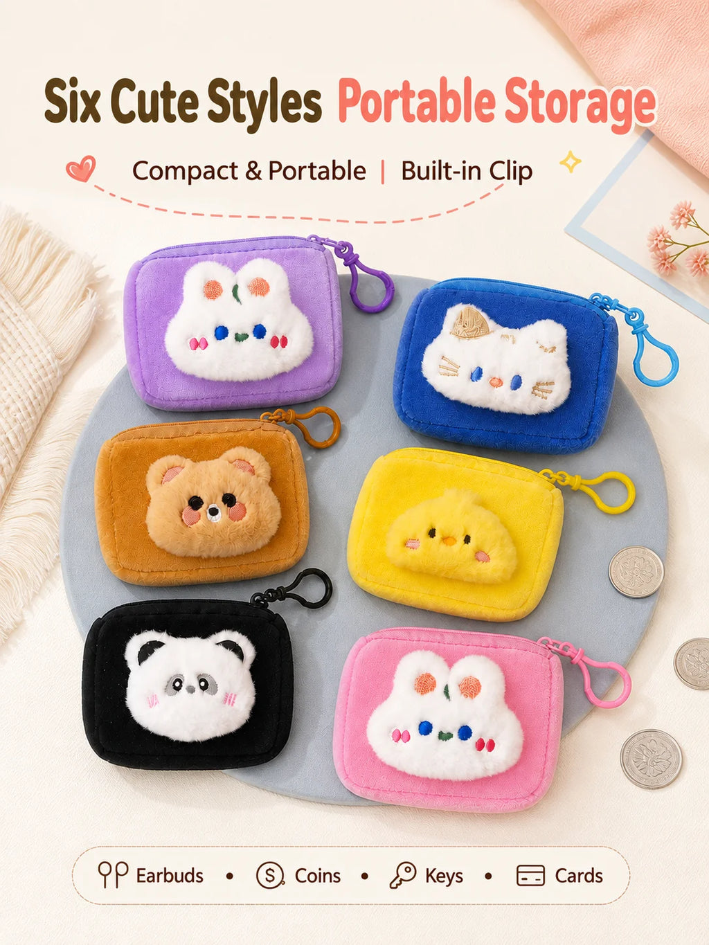 Cartoon Plush Mini Zipper Pouch for Keys, Cards & Earphones Mini Zipper Pouch SWANS