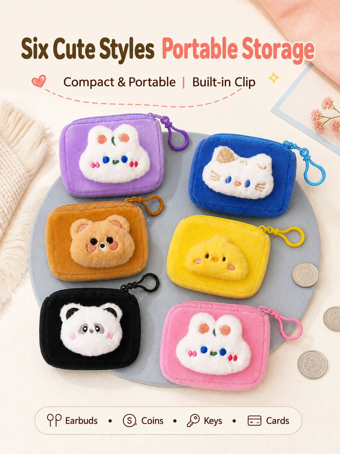Cartoon Plush Mini Zipper Pouch for Keys, Cards & Earphones Mini Zipper Pouch SWANS