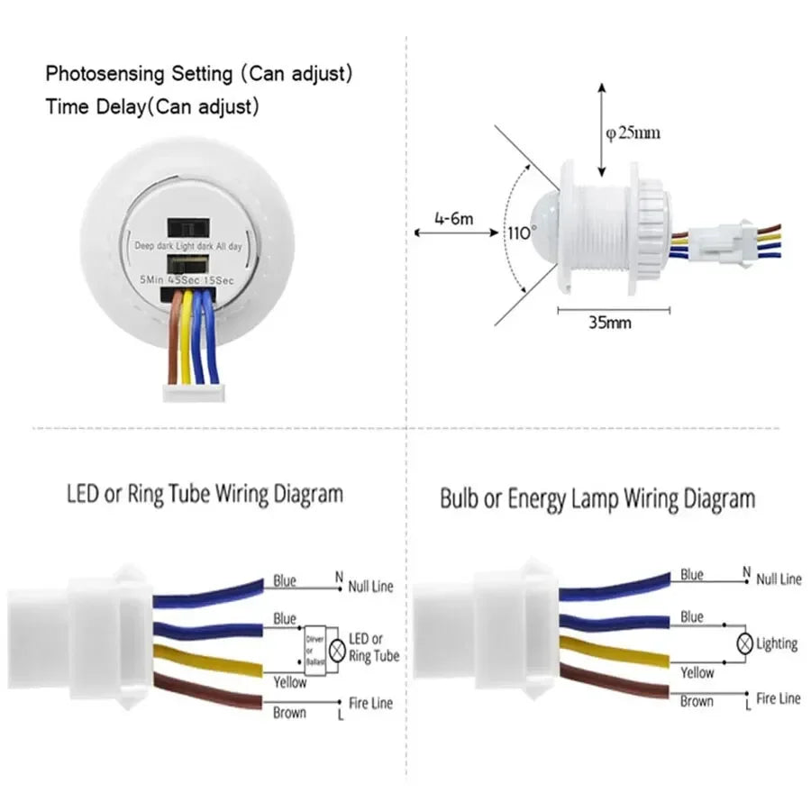 PIR Motion Sensor Switch AC85-265V Adjustable Timer Delay Motion Sensor Switch SWANS