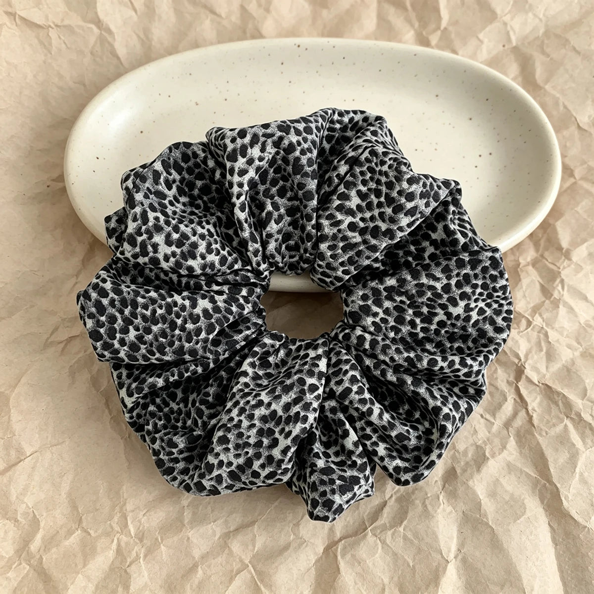 Vintage Leopard Print Scrunchie – Large Soft Fabric Hair Tie Hair Scrunchie SWANS Black