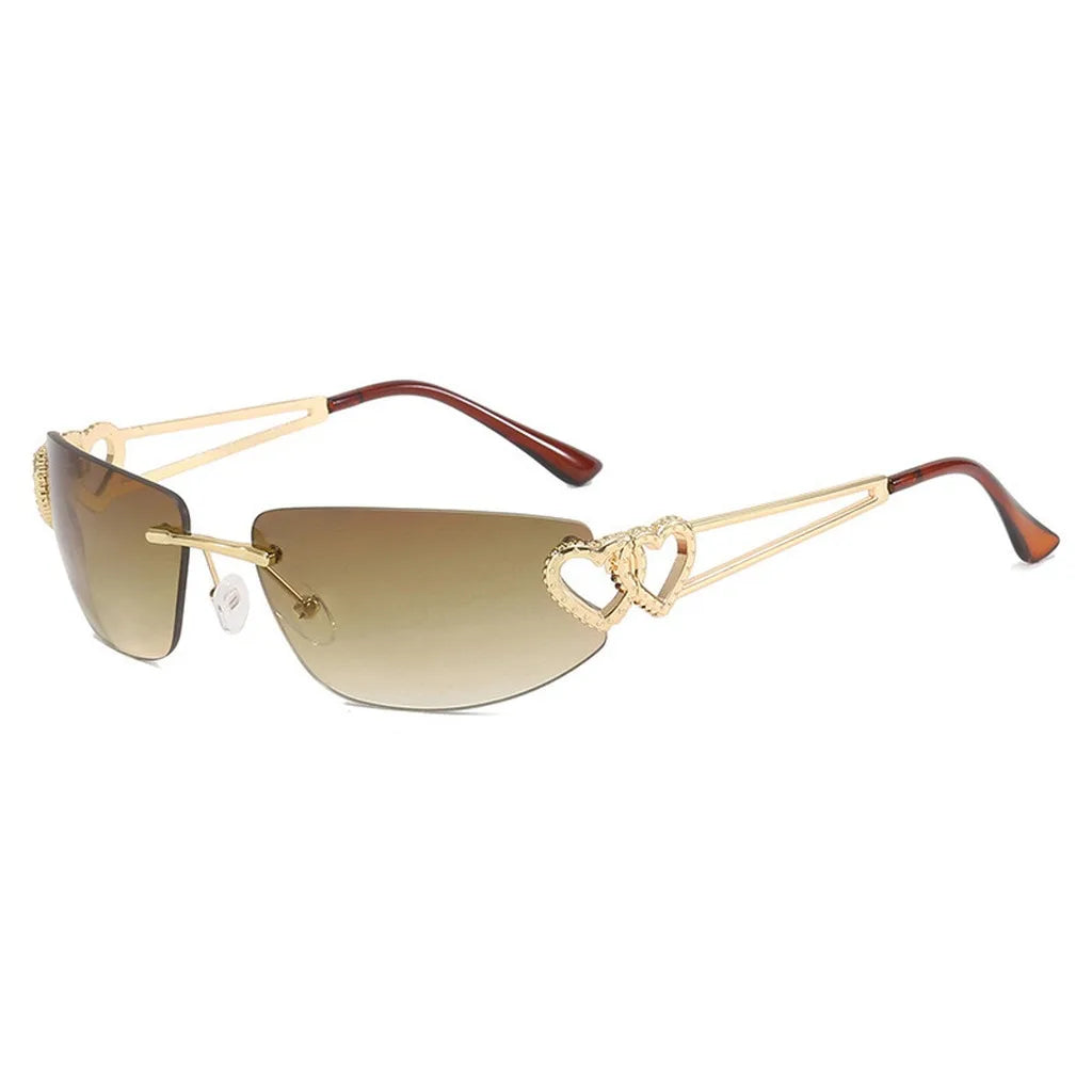Women's Y2K Rimless Cat Eye Sunglasses UV400 | Heart Detail Fashion Sunglasses SWANS Gold Brown