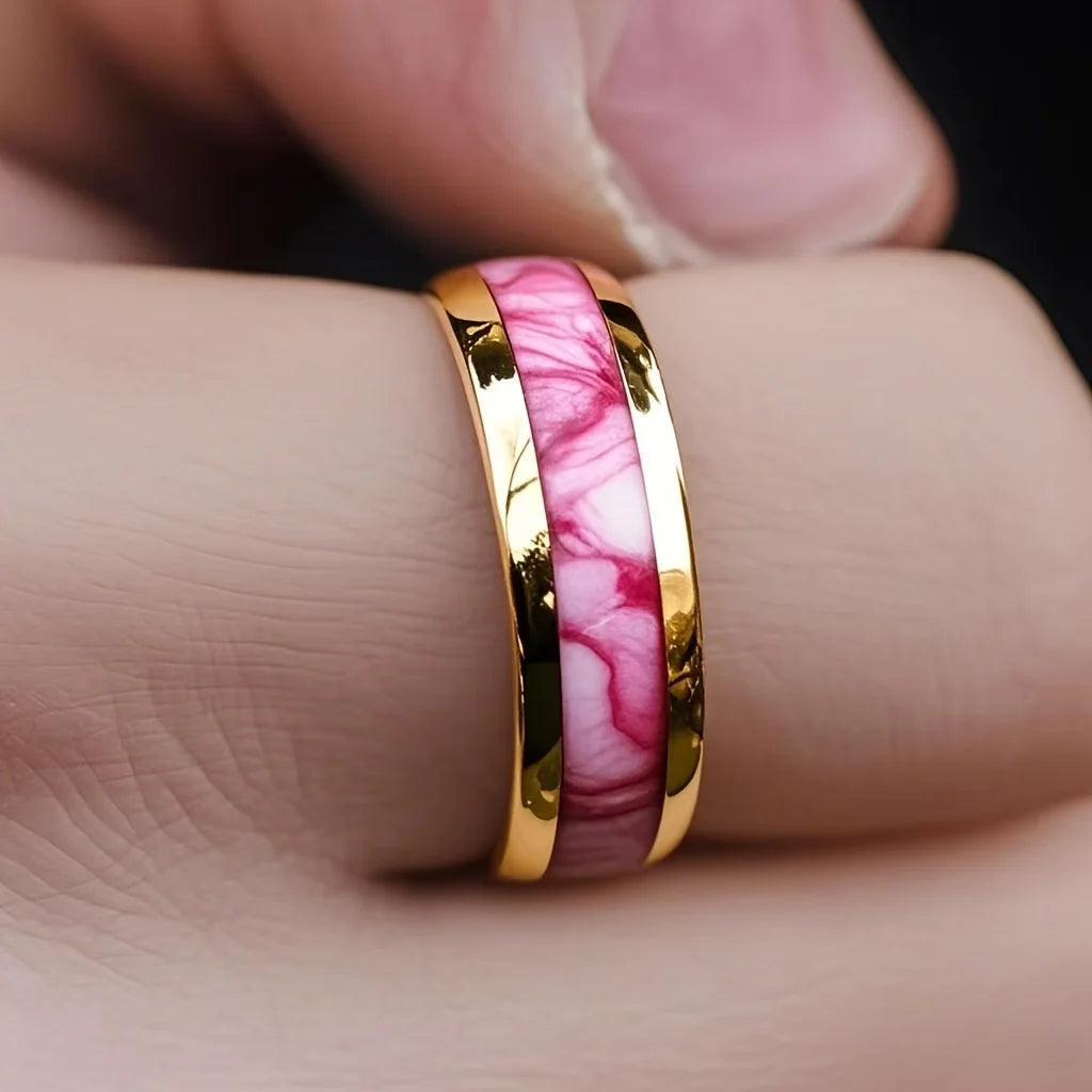 Pink Abalone Shell Ring Gold-Tone Stainless Steel Unisex Fashion Ring SWANS
