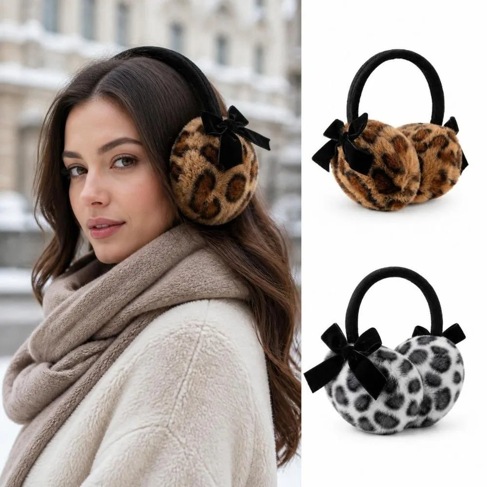 Retro Leopard Faux Fur Earmuffs – Bowknot Fluffy Ear Warmers Faux Fur Earmuffs SWANS