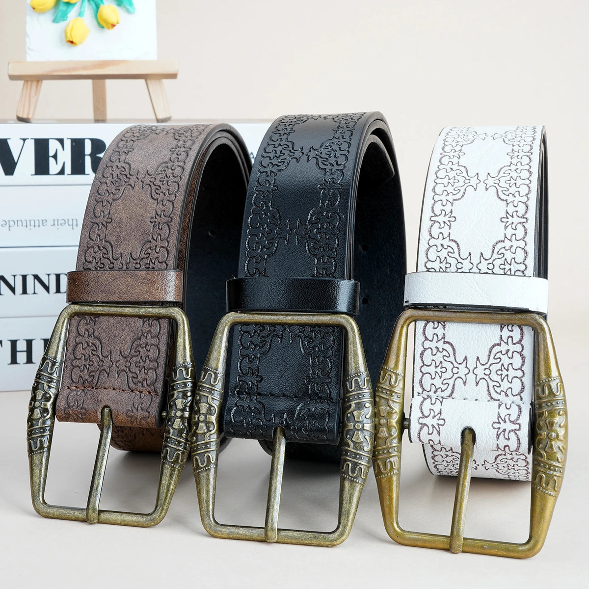 Women's Retro Western Belt – Embossed Cowgirl PU Leather Women's Fashion Belt SWANS