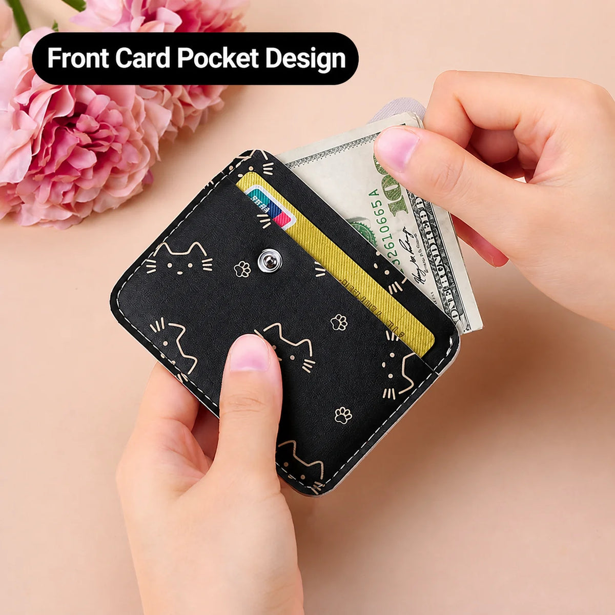 Women's Cat Print PU Leather Card Holder – Anti-Magnetic Mini Wallet Mini Card Wallet SWANS