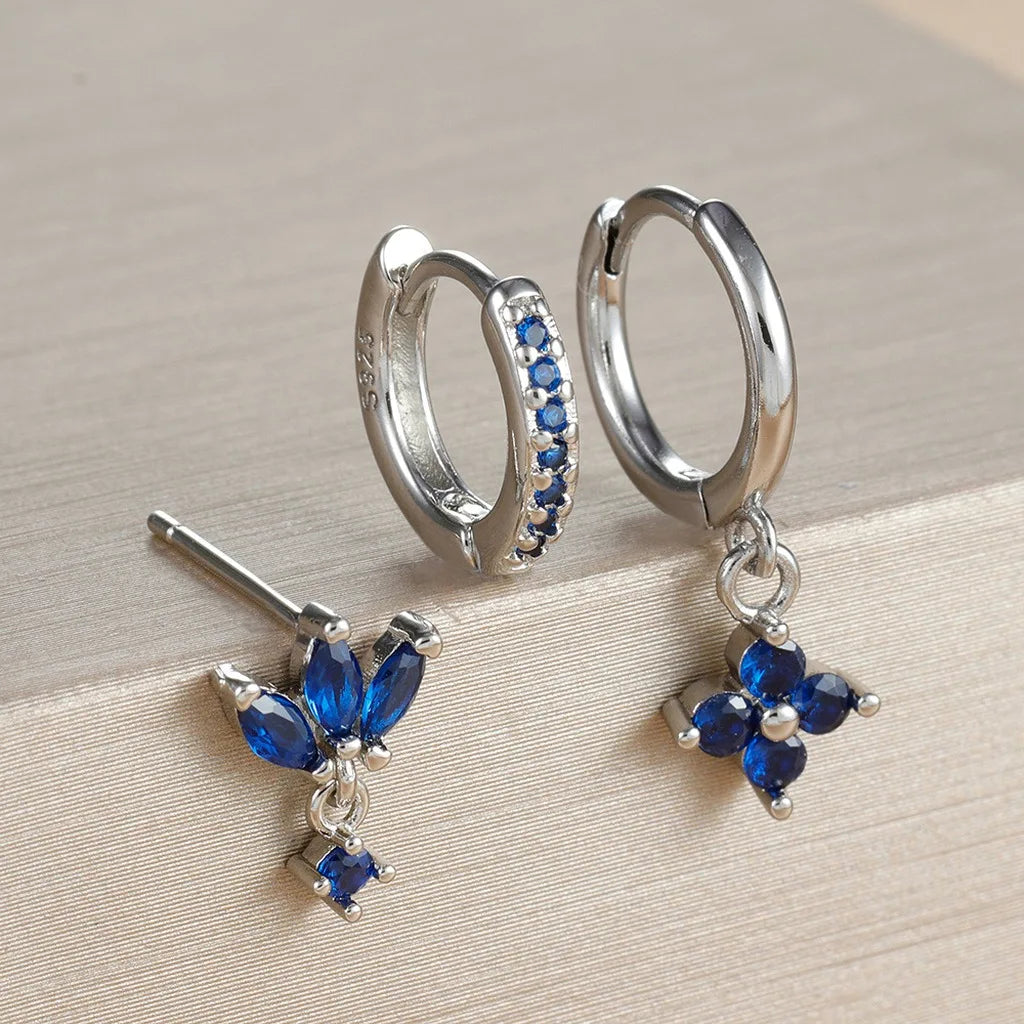 S925 Geometric Drop Earrings Set – Gold & Silver Plated CZ Drop Earrings Set SWANS Silver Dark Blue