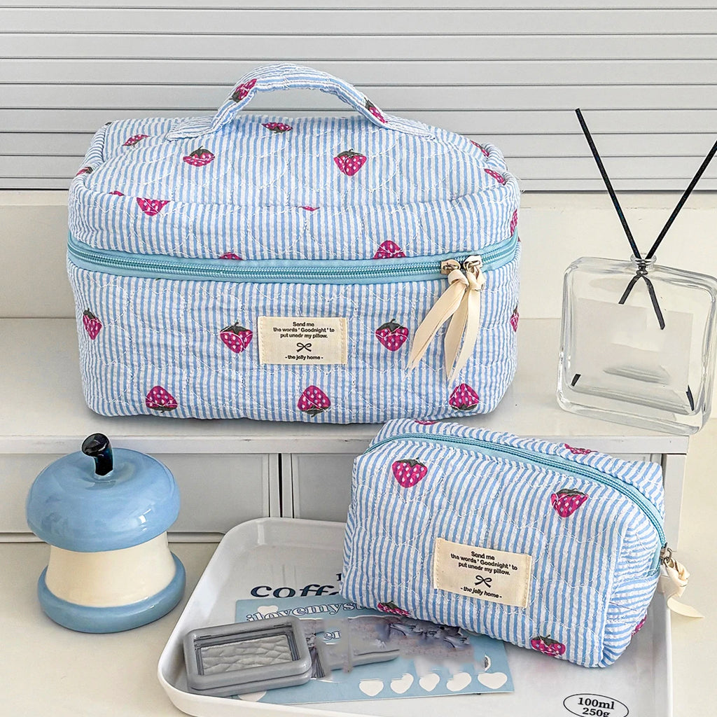 Blue Quilted Cosmetic Bag – Large Makeup & Toiletry Pouch Cosmetic Makeup Bag SWANS