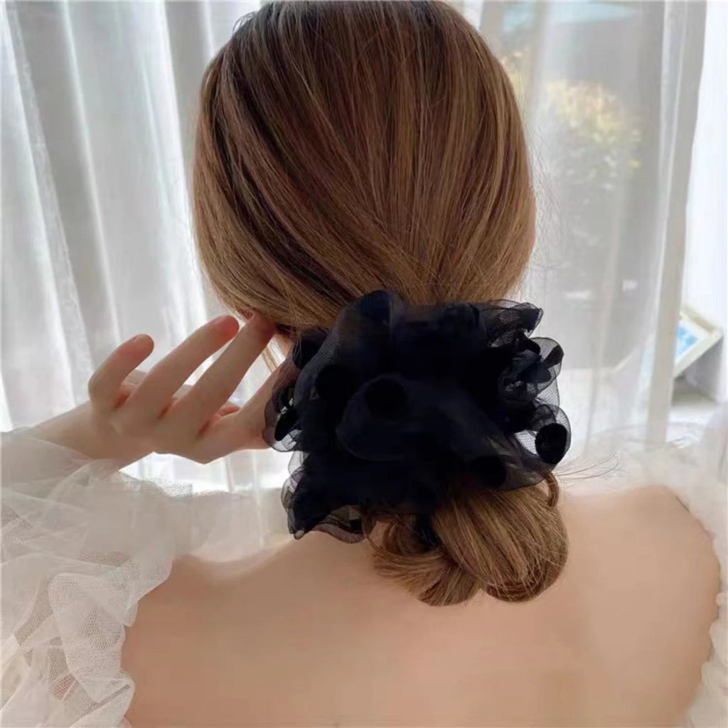 Polka Dot Organza Hair Scrunchie – Black & Beige Hair Tie Hair Scrunchie SWANS