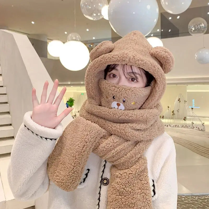 FAITOLAGI Cartoon Bear Plush Winter Hat Scarf Gloves Set Winter Hat Set SWANS