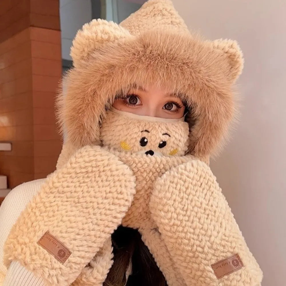 Women's Fluffy Hooded Scarf Hat Set – Windproof Winter Cap Winter Hat Scarf Set SWANS