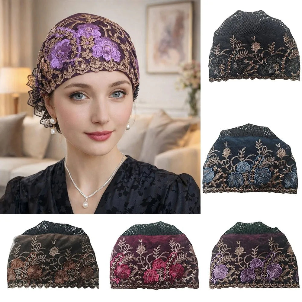 Flower Embroidery Turban Bonnet Hat – Breathable Full Coverage Turban Bonnet Hat SWANS