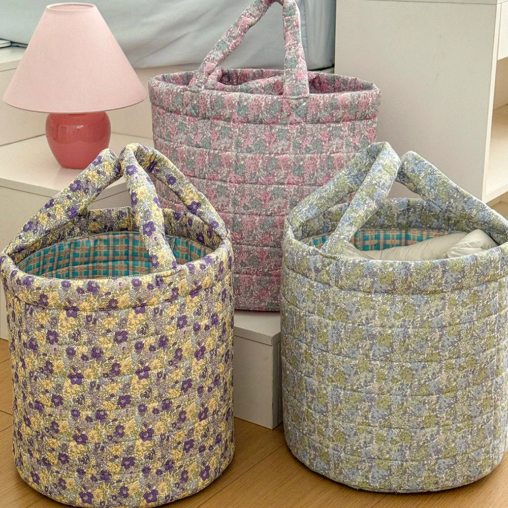 Vintage Floral Quilted Storage Basket with Handle | S/M/L Fabric Storage Basket SWANS Green S