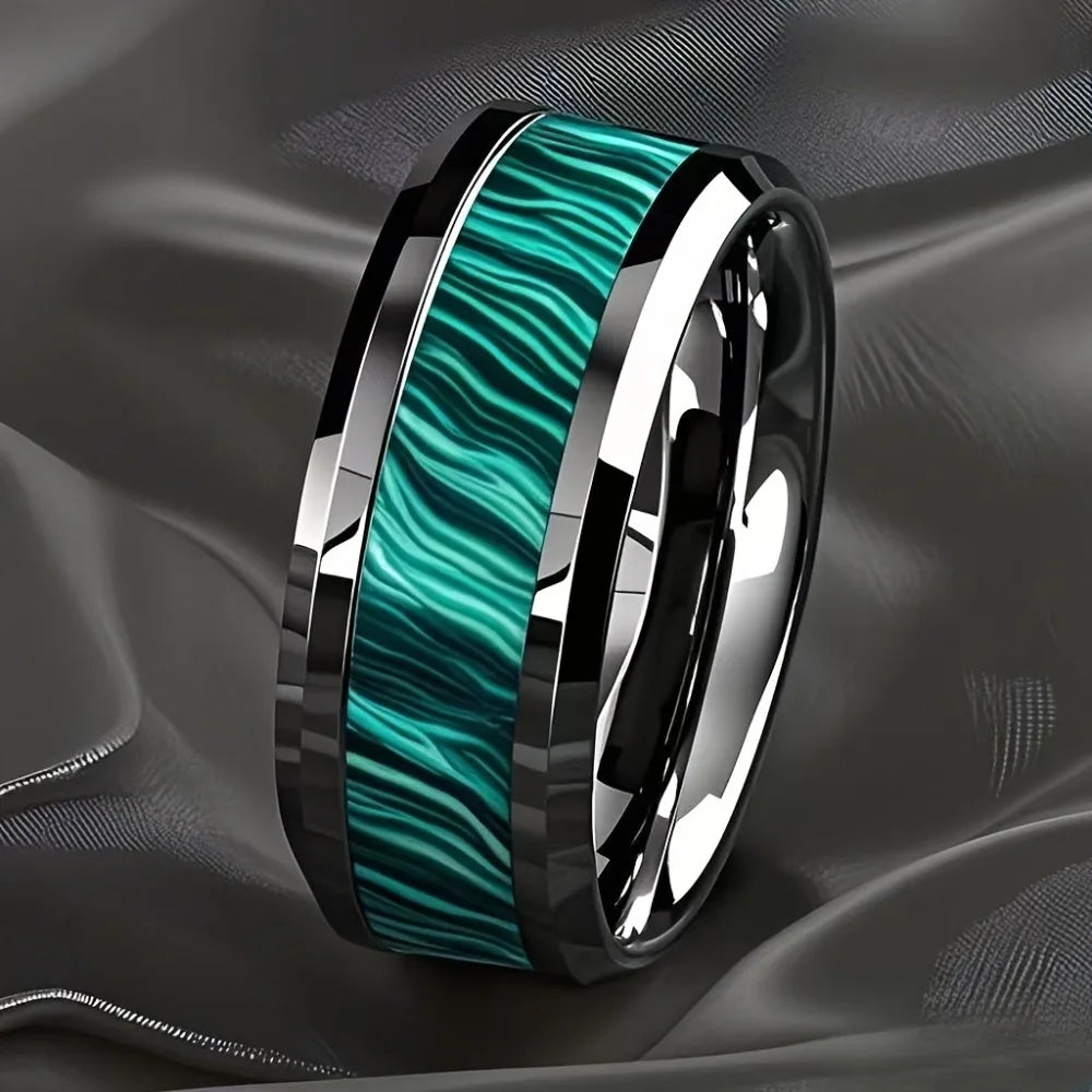 8MM Peacock Stone Inlay Men's Stainless Steel Ring – Silver Men's Fashion Ring SWANS