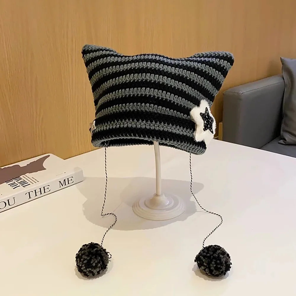 Y2K Knitted Beanie Hat – Pointed Ears Striped Star Devil Knitted Beanie Hat SWANS black-grey