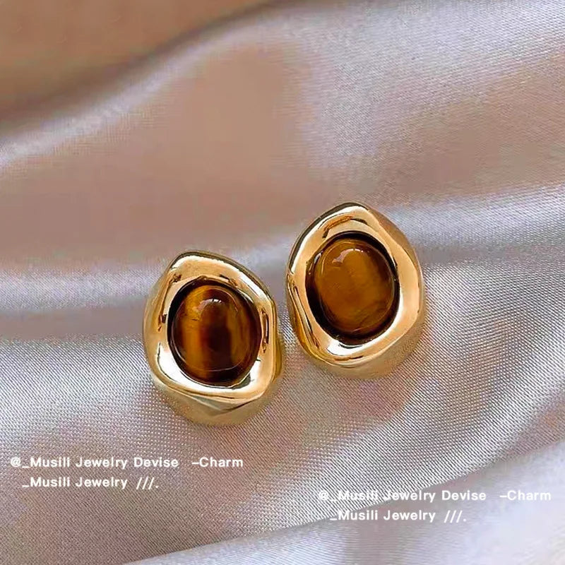 Tiger Eye Stone Stud Earrings – Zinc Alloy Light Luxury Stud Earrings SWANS 5