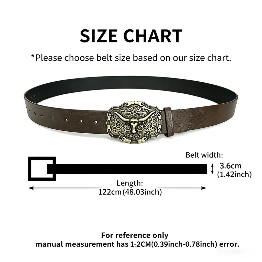 Western Cowboy PU Leather Belt – Bull Head Buckle Unisex Leather Belt SWANS