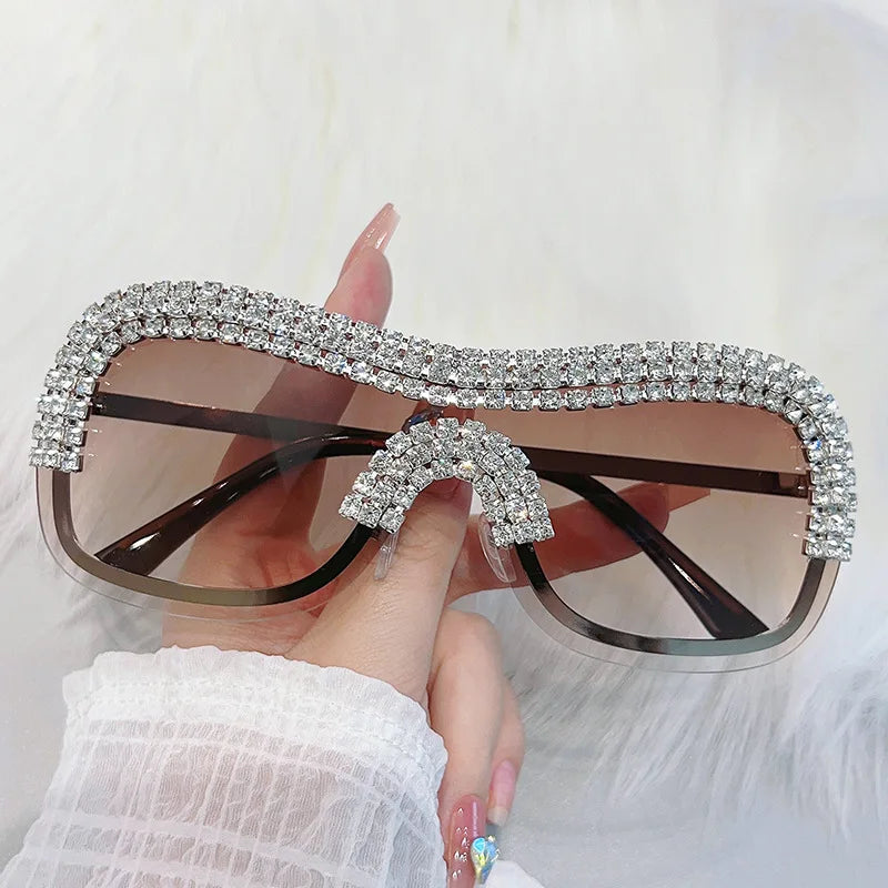 Y2K Rhinestone Rimless Sunglasses – UV400 Women's Punk Shades Fashion Sunglasses SWANS Tea as the photo