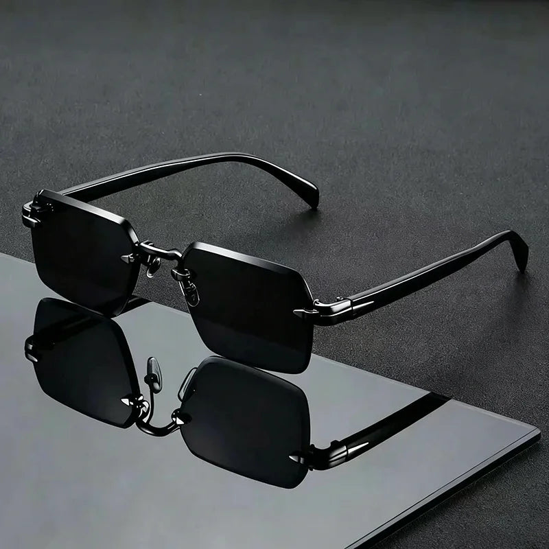Y2K Rimless Diamond Cut Sunglasses UV400 Unisex Metal Punk Fashion Sunglasses SWANS Black Black As the picture