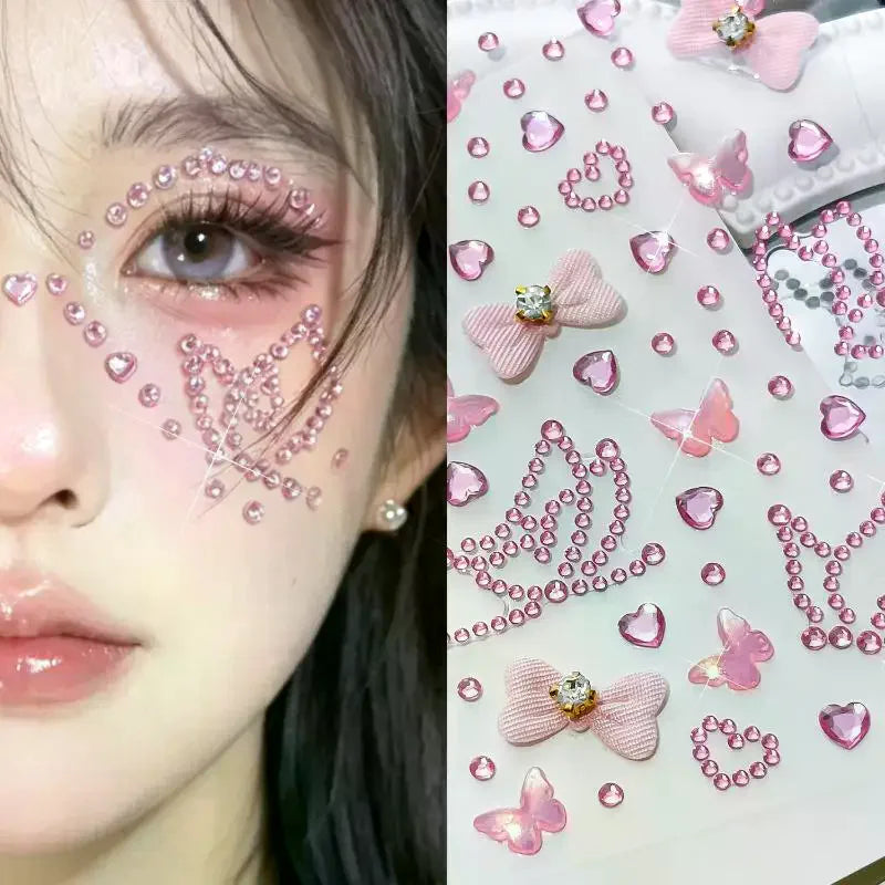 3D Rhinestone Face Jewel Stickers – Glitter Gems & Bow Sheet Face Jewel Stickers SWANS