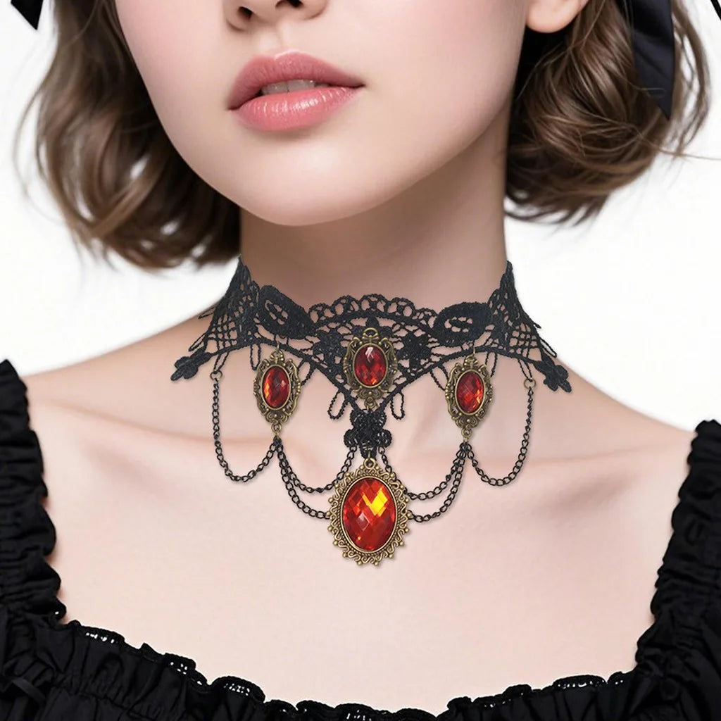 Gothic Black Lace Choker Necklace & Bracelet Set | Faux Gem Jewelry Set SWANS necklace