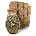 Western Cowboy Vintage Belt – Ox Head Buckle & Bohemian Print Western Fashion Belt SWANS Golden buckle khaki 120cm