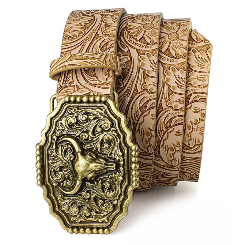 Western Cowboy Vintage Belt – Ox Head Buckle & Bohemian Print Western Fashion Belt SWANS Golden buckle khaki 120cm