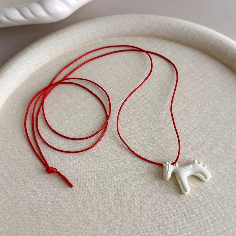 Colorful Horse Pendant Long Necklace – Adjustable Rope Chain Pendant Necklace SWANS White