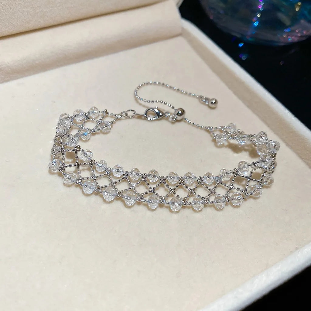 Women's Woven Crystal Alloy Bracelet – Adjustable Geometric Fashion Bracelet SWANS Silver Clear