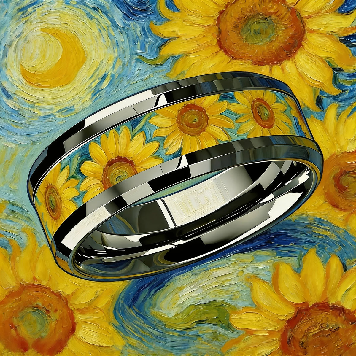 Oil Painting Black Stainless Steel Ring – Unisex Band Fashion Ring SWANS