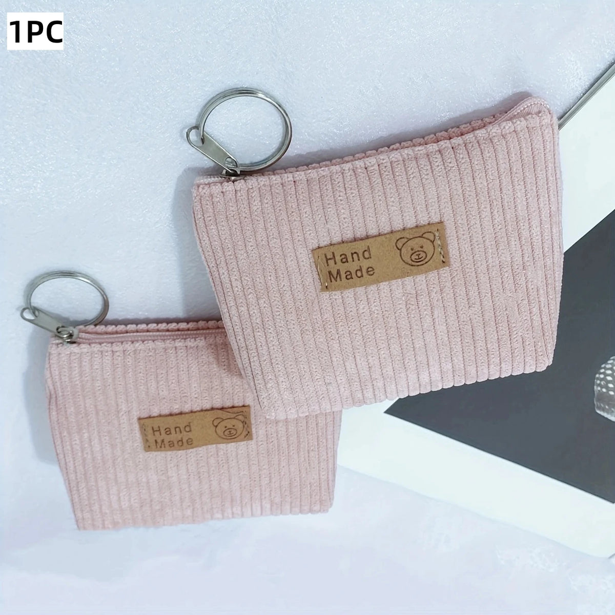 Vintage Corduroy Mini Coin Purse – Zipper Pouch Keychain Wallet Coin Purse SWANS Pink