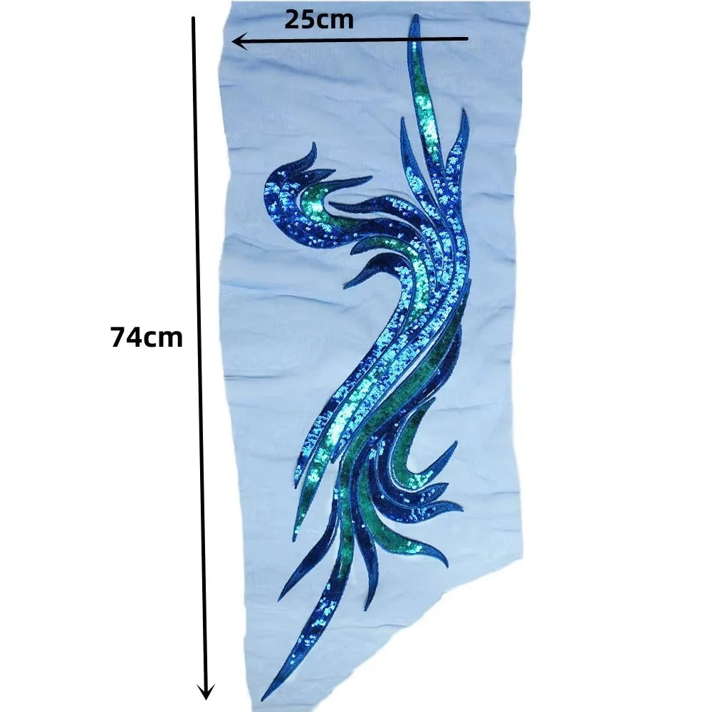 Large Baroque Sequin Embroidery Patch 25x74cm DIY Sew-On Embroidery Patch SWANS Blue left