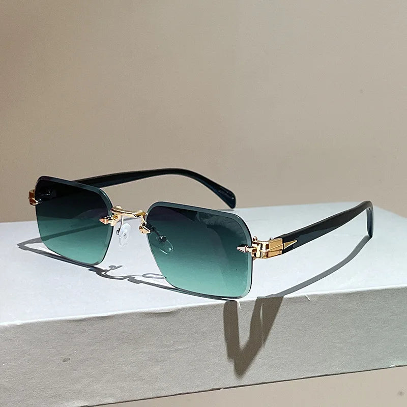Y2K Rimless Diamond Cut Sunglasses UV400 Unisex Metal Punk Fashion Sunglasses SWANS Gray Green As the picture