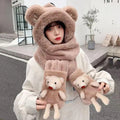 Women's Fleece-Lined Bear Ear Beanie Hat Scarf & Gloves Set Winter Accessories Set SWANS Khaki