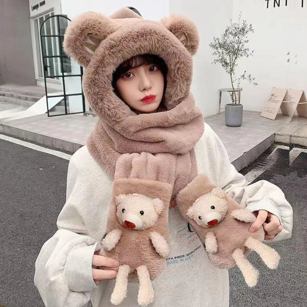 Women's Fleece-Lined Bear Ear Beanie Hat Scarf & Gloves Set Winter Accessories Set SWANS Khaki
