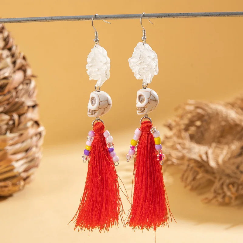 Gothic Skull Tassel Drop Earrings – Punk Bohemian Halloween Dangle Drop Earrings SWANS Style D