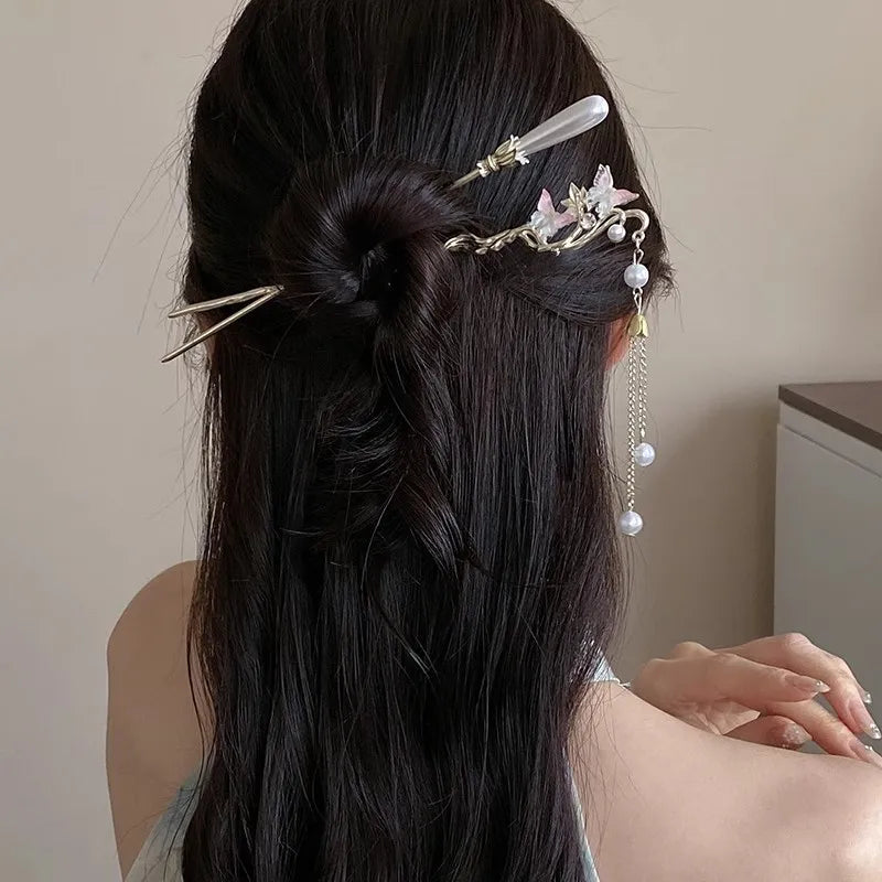 Antique Hanfu Floral Alloy Hairpin – Retro Hair Stick Women Floral Hair Stick SWANS