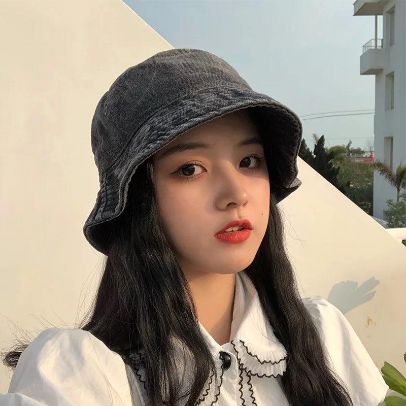 Retro Washed Denim Bucket Hat – Unisex Wide Brim Cap Denim Bucket Hat SWANS