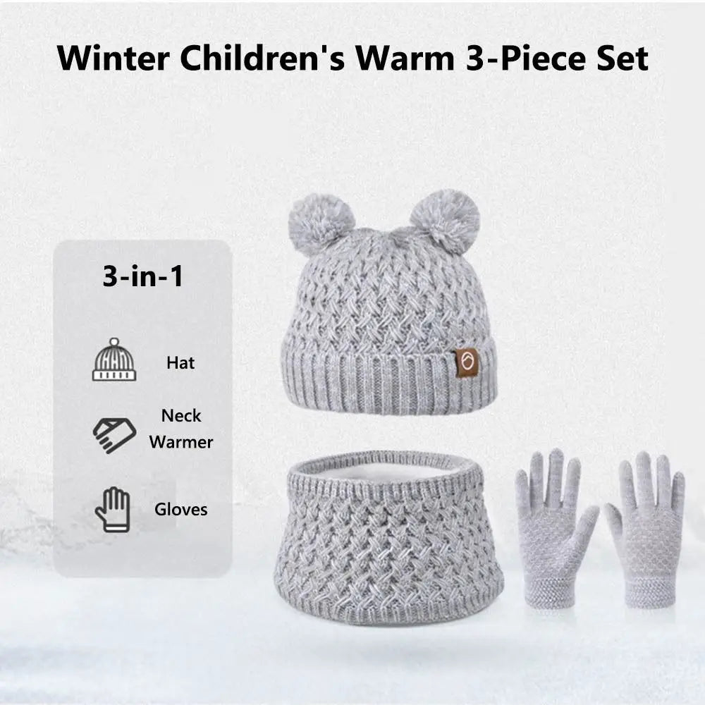 Kids Winter Knit Beanie Hat, Gloves & Scarf Set with Pom Fleece Kids Winter Accessory Set SWANS
