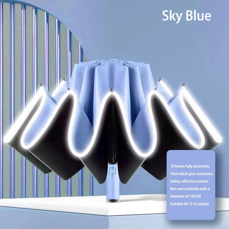 XMSJ Windproof Reverse Folding UV Umbrella with Reflective Stripe Folding Umbrella SWANS Blue