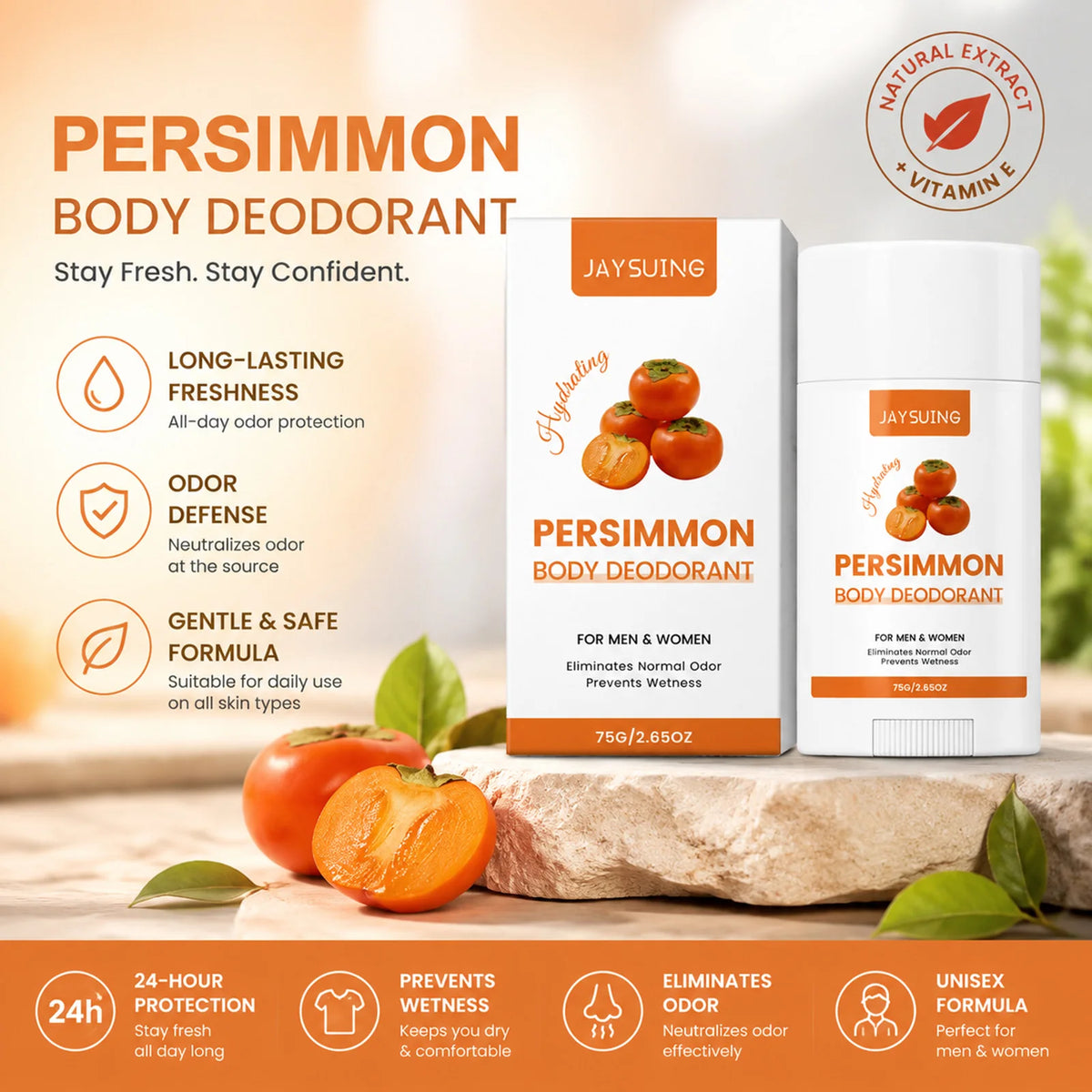 Jaysuing Persimmon Deodorant Stick – Unisex Antiperspirant 75g Deodorant Stick SWANS