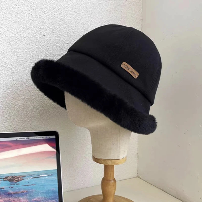 Women's Winter Plush Faux Fur Bucket Hat – Warm Fisherman Cap Winter Bucket Hat SWANS A Style black one size