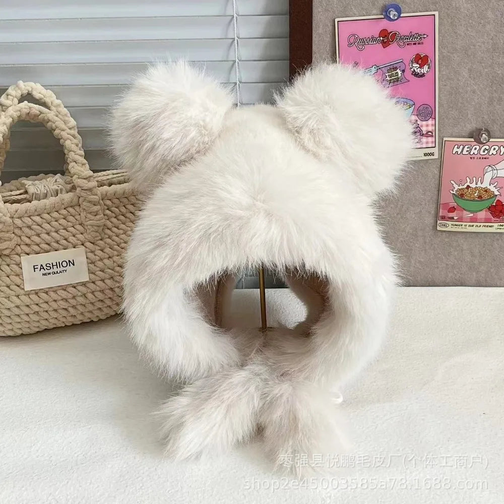 Women's Winter Wool Bucket Hat with Bear & Rabbit Ears Winter Bucket Hat SWANS White-C